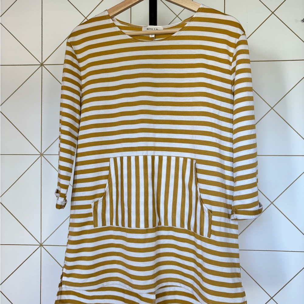 Striped Tunic Dress with Front Pocket in Mustard & White - Picture 1 of 9